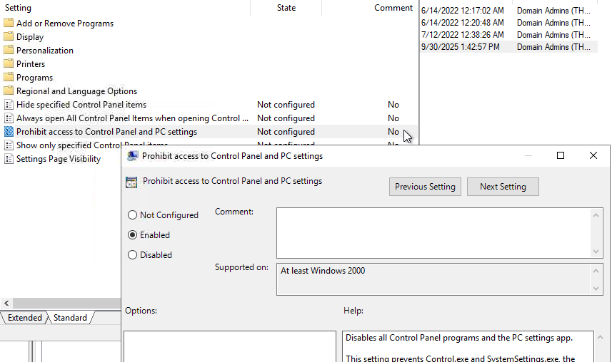 「Restrict Control Panel Access」ポリシーを編集