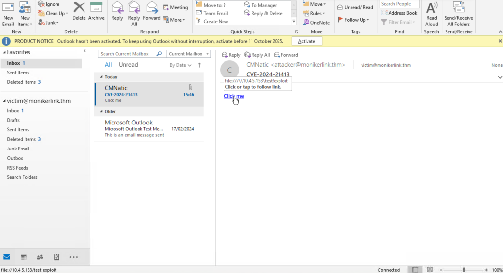Outlook で届いたメールのリンクをクリック